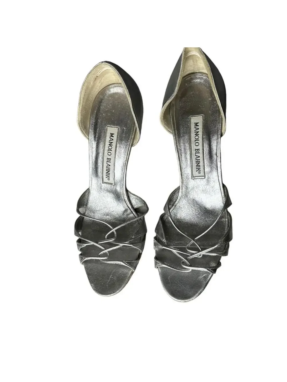 Manolo Blahnik Espinado Metallic Silver Leather D'Orsay Strappy Heels 36.5